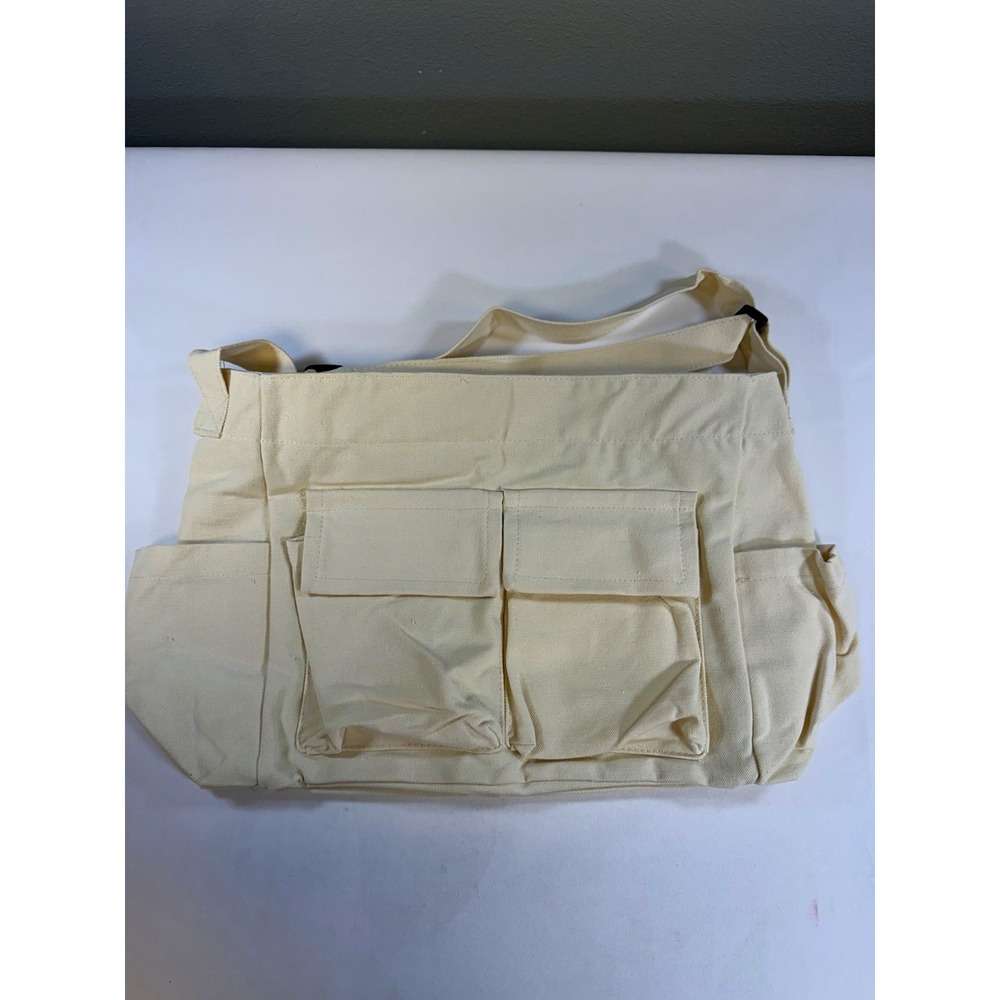 NEW Large Canvas Messenger Bag Multi Pocket Crossbody School Tote Beige 16"